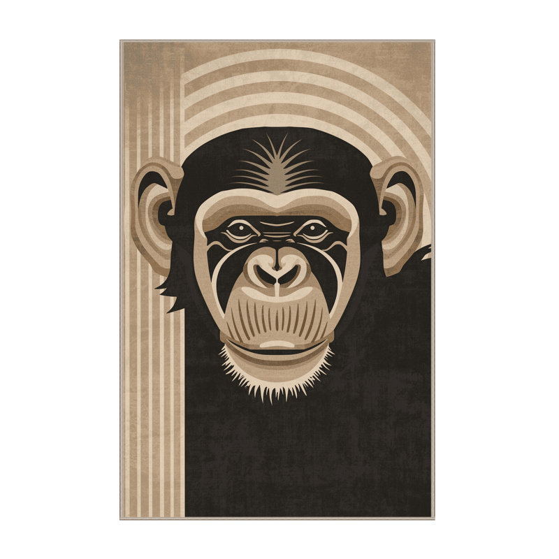 Machine Washable Ozgur Chimpanzee Primate Art Deco Arc Rug in Brown – Beige Binding, 2x5