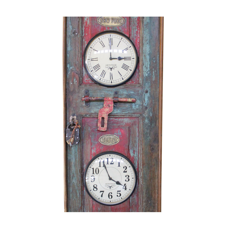 Vertical Recycled Door Wooden World Time Wall Clock