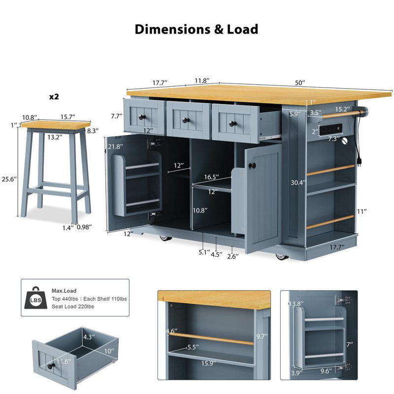 Large Kitchen Island with 2 Bar Stools