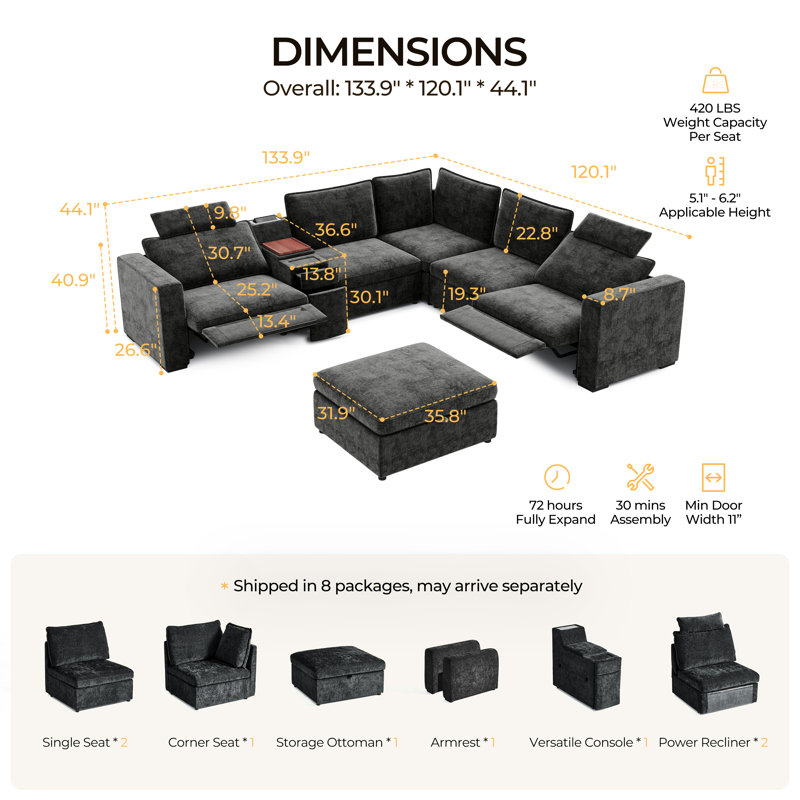 Canapé modulaire surdimensionné à 5 places en chenille avec canapé inclinable double inclinable électrique et appui-tête avec tiroir de rangement
