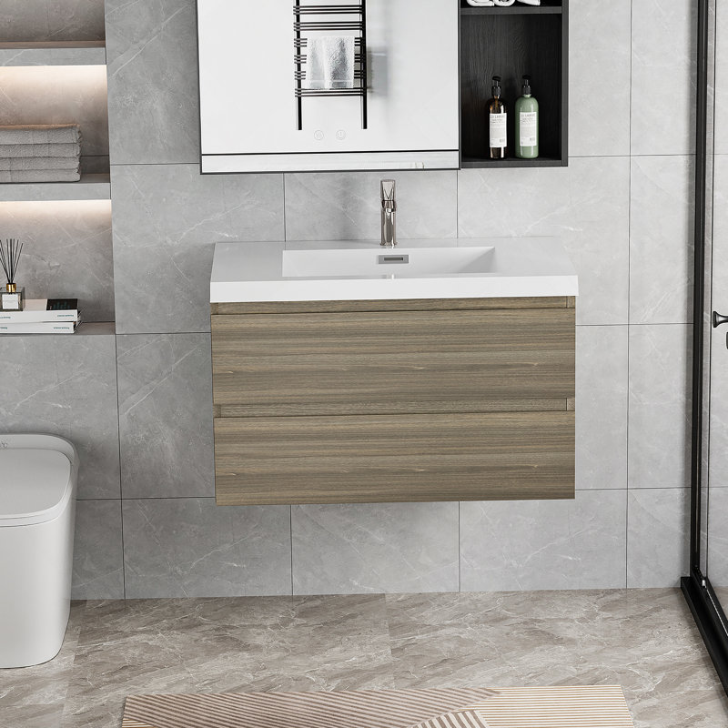Meuble-lavabo flottant avec lavabo, rangement mural moderne pour salle de bain, Gris, 35.43"