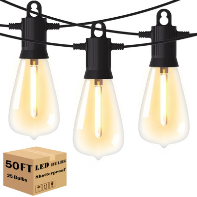 50FT LED Outdoor String Lights Patio Lights with 25 Shatterproof ST38 Bulbs,Connectable Dimmable Waterproof LED String Lights for Party,Garden,Birthday,Wedding,Backyard,Porch,Deck,Balcony,Christmas,Halloween, 2700K Warm White