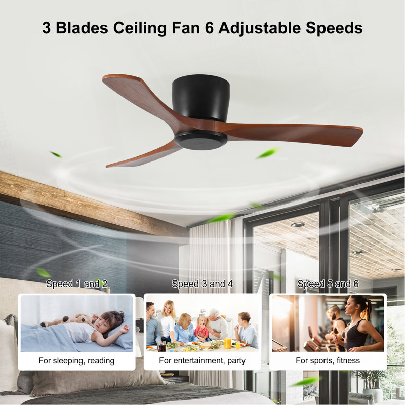 52 Inch Ceiling Fan No Light With Remote Control, Low Profile Flush Mount Ceiling Fan Without Light,Noiseless Reversible DC Motor With Timer