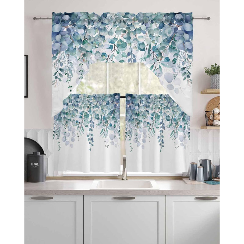 Ensemble de cantonnières et cantonnières à ressorts à motif de feuilles d'eucalyptus printanier bleu