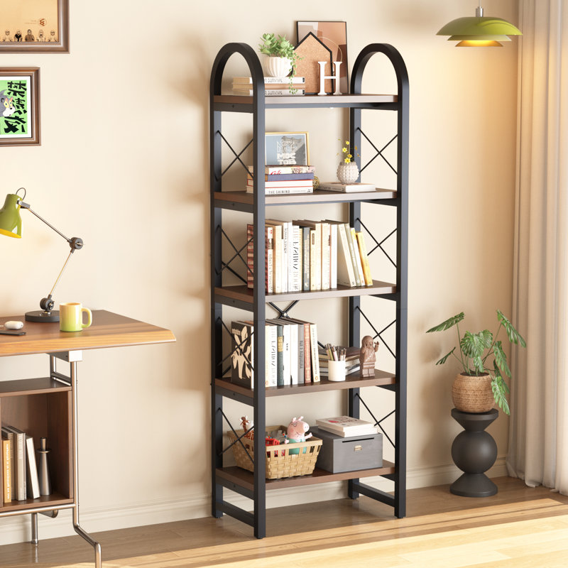 23.6" 5-tier Arched Industrial Bookcase, Rustic Solid Wood Open Shelves With Metal Frame, Vintage Display Storage Rack For Living Room Bedroom