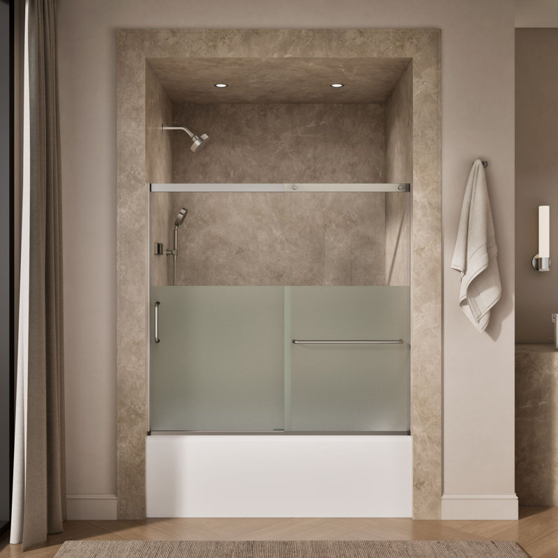 Elate Sliding Bath Door, 56-3/4-In H X 56-1/4 - 59-5/8-In W With Heavy 5/16-In Thick Crystal Clear Glass With Privacy Band