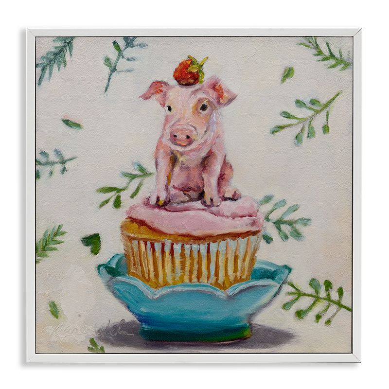 Charmant cochon de tasse de thé sur un gâteau aux fraises - impression, H 24 po x l 24 po, Giclée encadrée blanc bord de mer