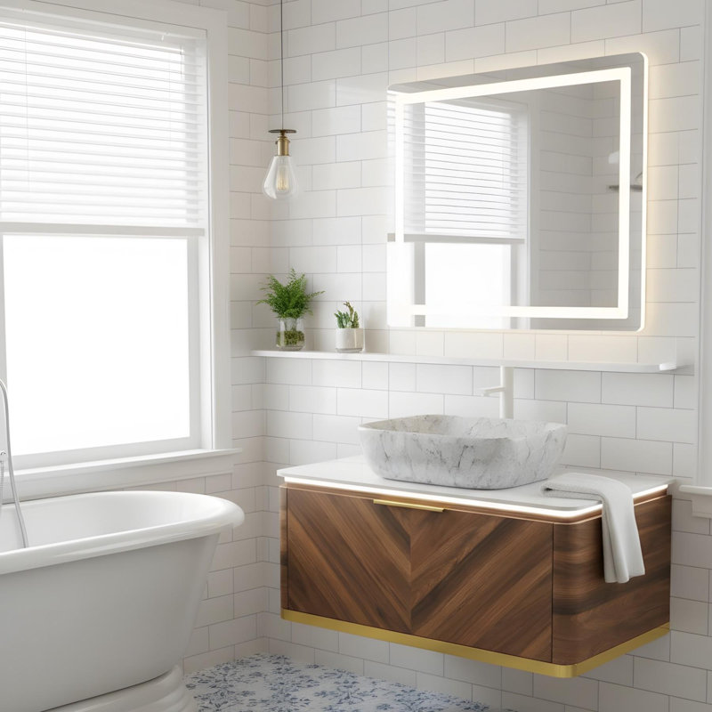 Meuble-lavabo mural 36 po avec tiroir et vasque rectangulaire en marbre, 36"