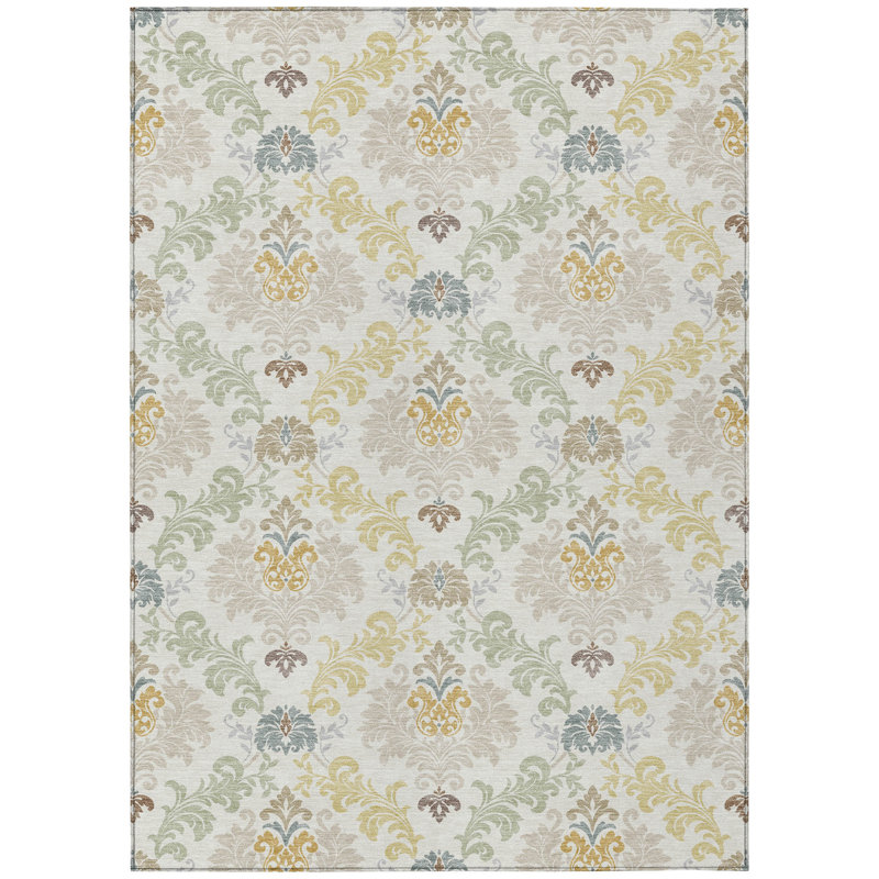 Machine Washable Indoor/Outdoor Chantille ACN2544 Damask Rug, Ivory, 3' x 5'