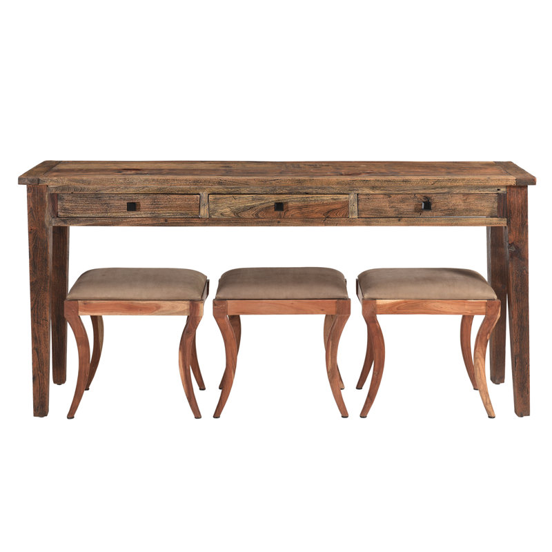 Jae Sofa Table, Console Table with 3 Upholstered Stools, Made with Solid Wood, 76x22x36