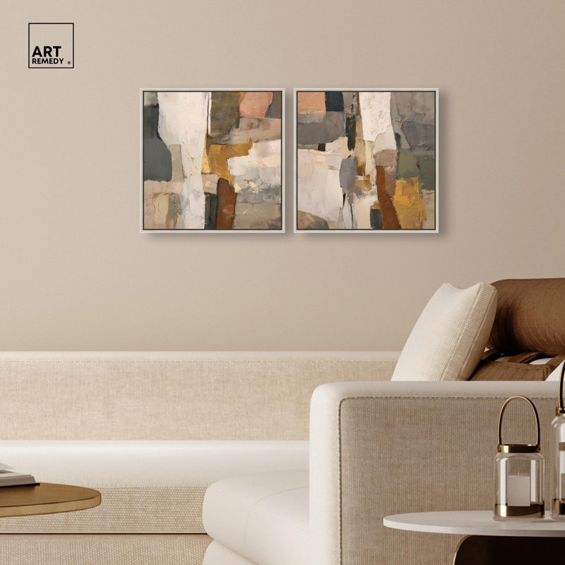 Patchwork Plains Duo Canvas Print Beige Wall Decor Set by Art Remedy, Black Frame, 12 x 12, 17" H x 17" W, Silver Frame