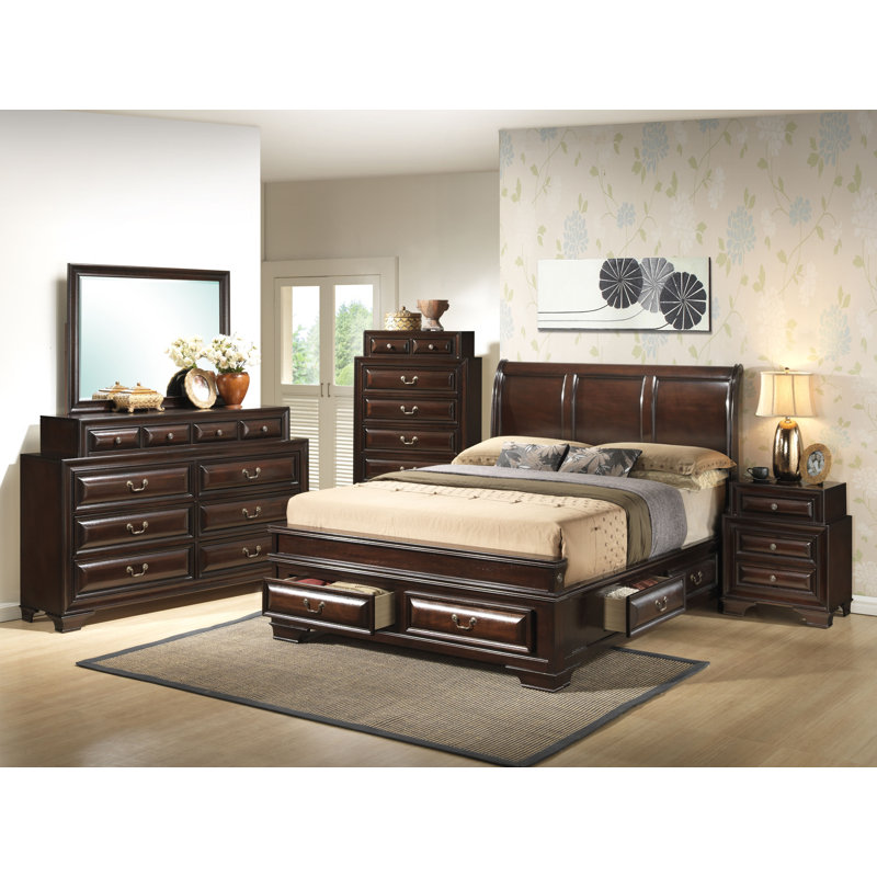 East Bay Solid Wood and Upholstered Storage Sleigh Bed, King, Cappuccino