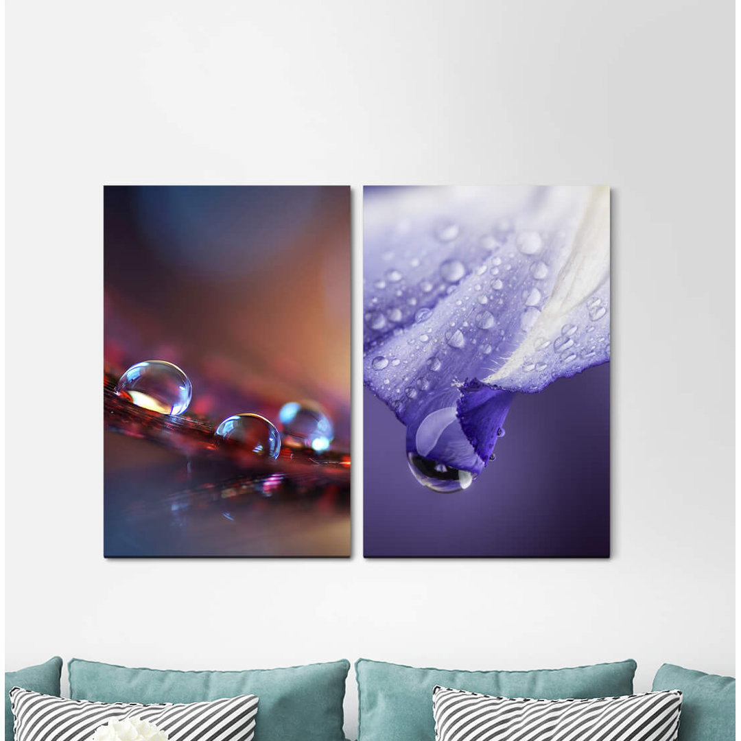 2-tlg. Leinwandbilder-Set - Grafikdruck „Blossoms Water Drops Flower Purples Harmony”