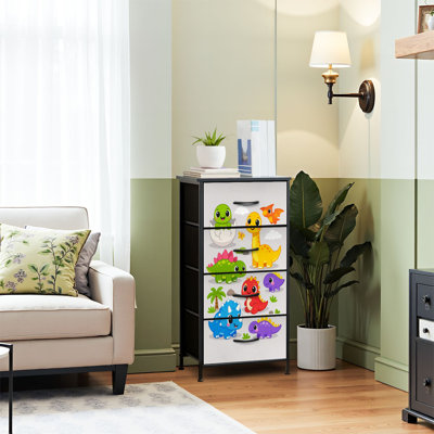 4 Drawer Dresser for Bedroom, Narrow Chest of Drawers, Wooden Top and Study Iron Frame 18"x37.5"-(WxH) - With Cute Cartoon Baby Dinosaurs Pterodactyl Colorful for Kids Print