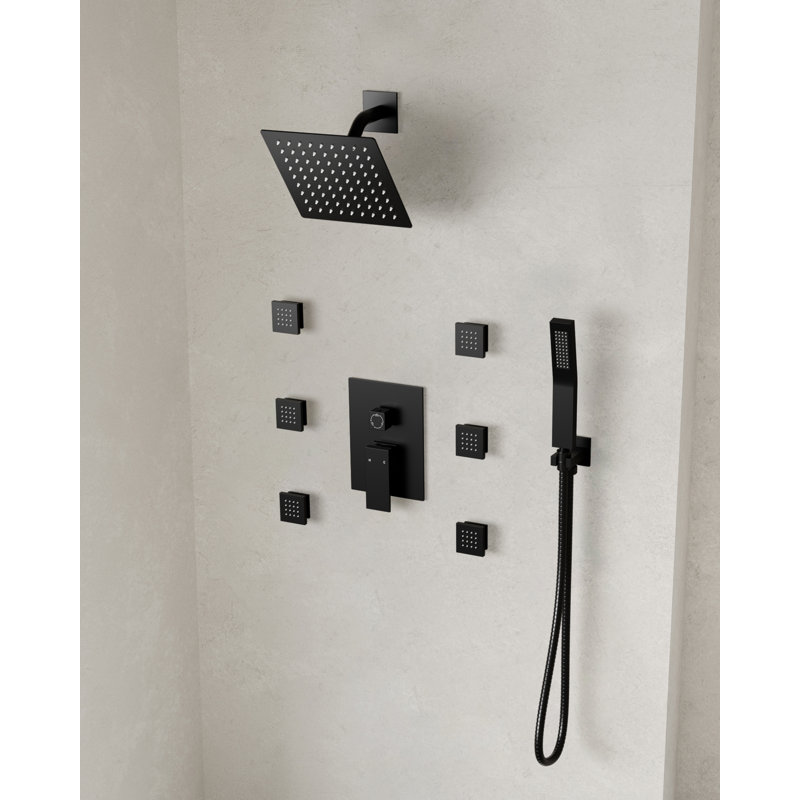 Pressure Balanced Shower System with 10" Rain Shower Head, Handheld Shower, and Body Jet, Matte Black