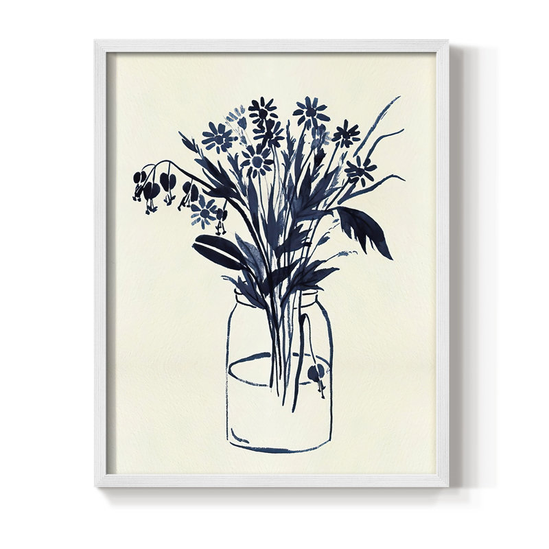 Indigo Floral Vase II, reproduction encadrée - bois massif, H 11 po x l 9 po, Blanc