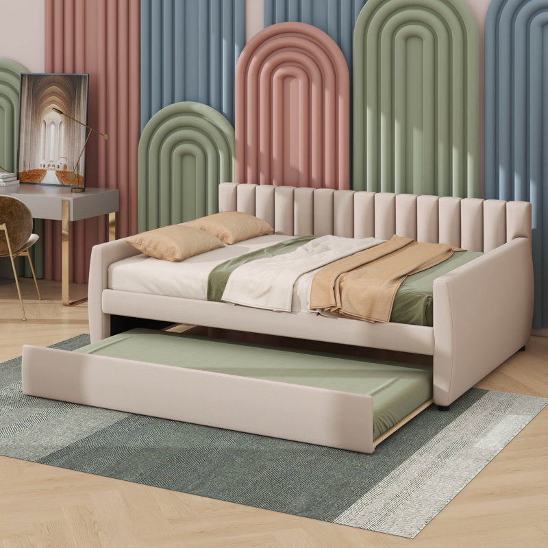 Lit de jour double en tissu avec lit gigogne intégré, Beige