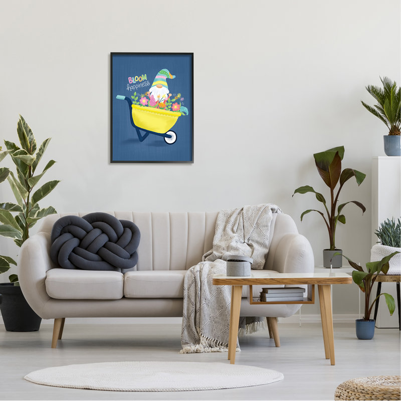 «Bloom Happiness Expression», gnome à fleurs jaunes par Emily Cromwell, L 24 po x H 30 po, Giclée encadrée noir minuit