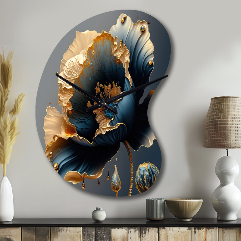 Horloge murale florale en métal bleu foncé et doré, Petit
