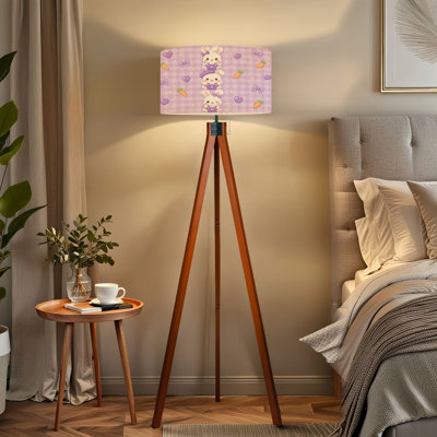 Tripod Standing Lamp Cute Purple Bunny Characters heart carrot bow decoration kawaii Remote Controlled Dimmable LED Floor Lamp with Beech Wood Legs & Detachable Linen Shade for Farmhouse Apartment Living Room and Bedroom