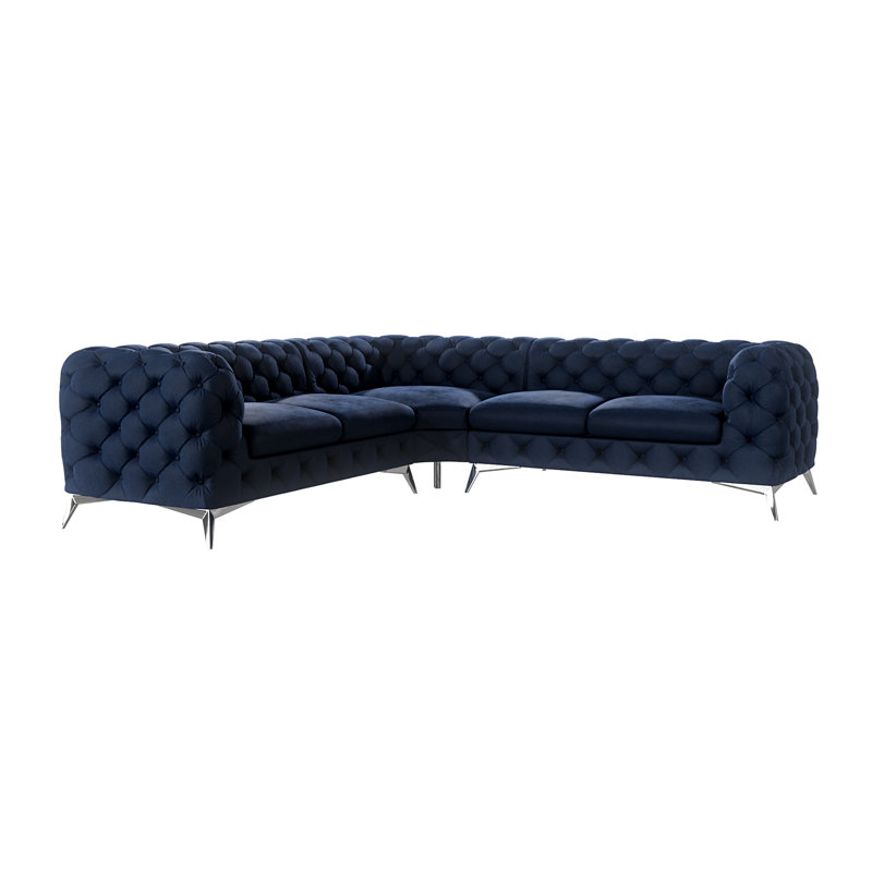 L-shape Corner Chesterfield Sofa  with Silver Metal Legs, Navy Blue