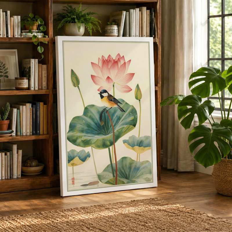 Lotus and Songbird Japandi - Wrapped Canvas, 36x24 - 91.4 x 61.0 cm, Taupe Border