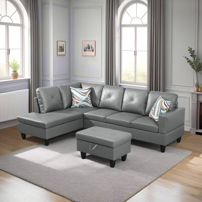 Dark Grey Faux Leather 3-Piece Sectional Sofa Set with Storage Ottoman
