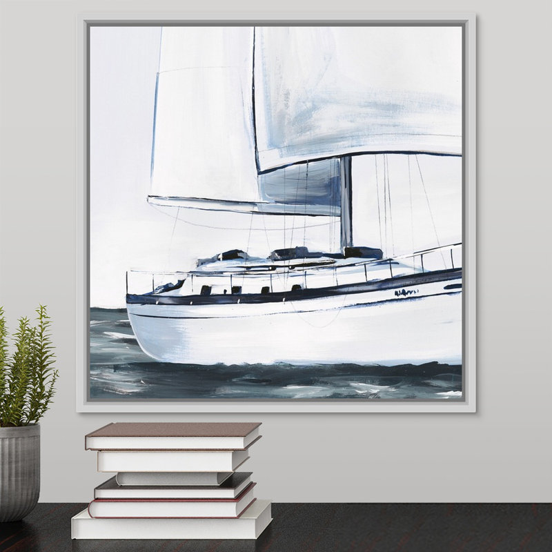 « sea faring life xviii », peinture sur toile, H 17,7 po x l 17,7 po x p 1,75 po, Cadre flottant blanc