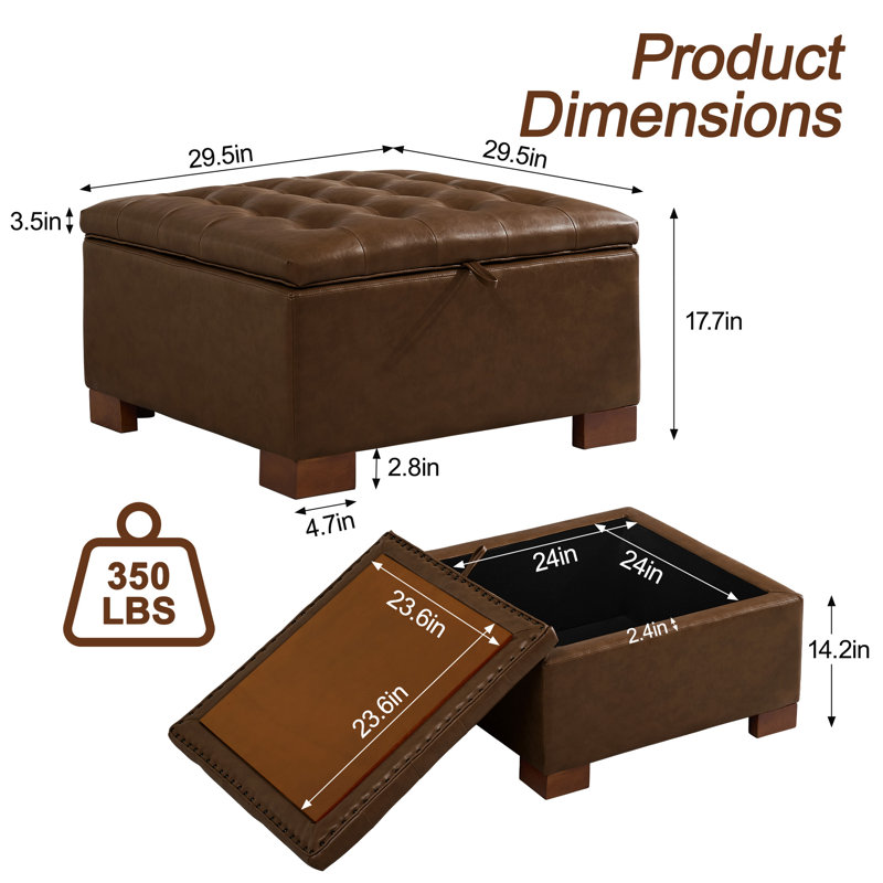 Repose-pieds de rangement carré capitonné de 29,5 po de largeur, H 17,7 po x l 29,5 po x P 29,5 po, Café