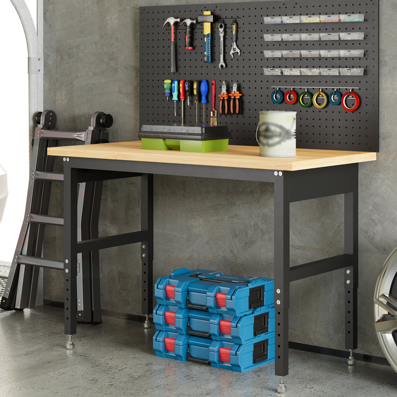 Adjustable 2-Tier Workbench with Pegboard and Power Outlets, Work Table for Garage