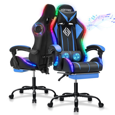 Hoffree LED Ergonomic Gaming Chair with Bluetooth Speakers and Vibration Lumbar Pillow