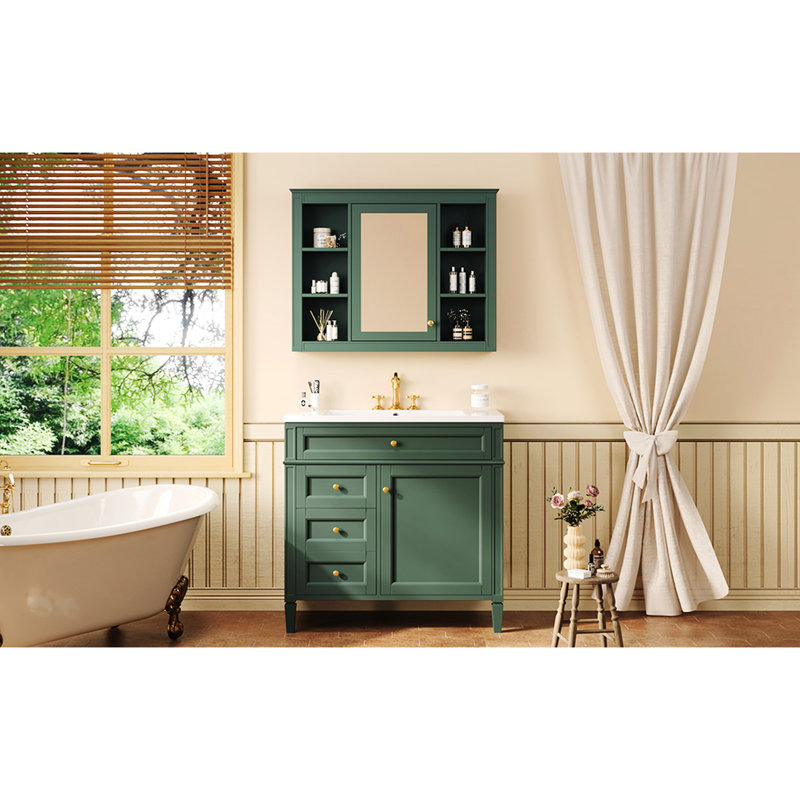 Meuble-lavabo de salle de bain avec lavabo à trois trous pré-percé, armoire à miroir et lavabo en céramique à tiroirs à fermeture en douceur