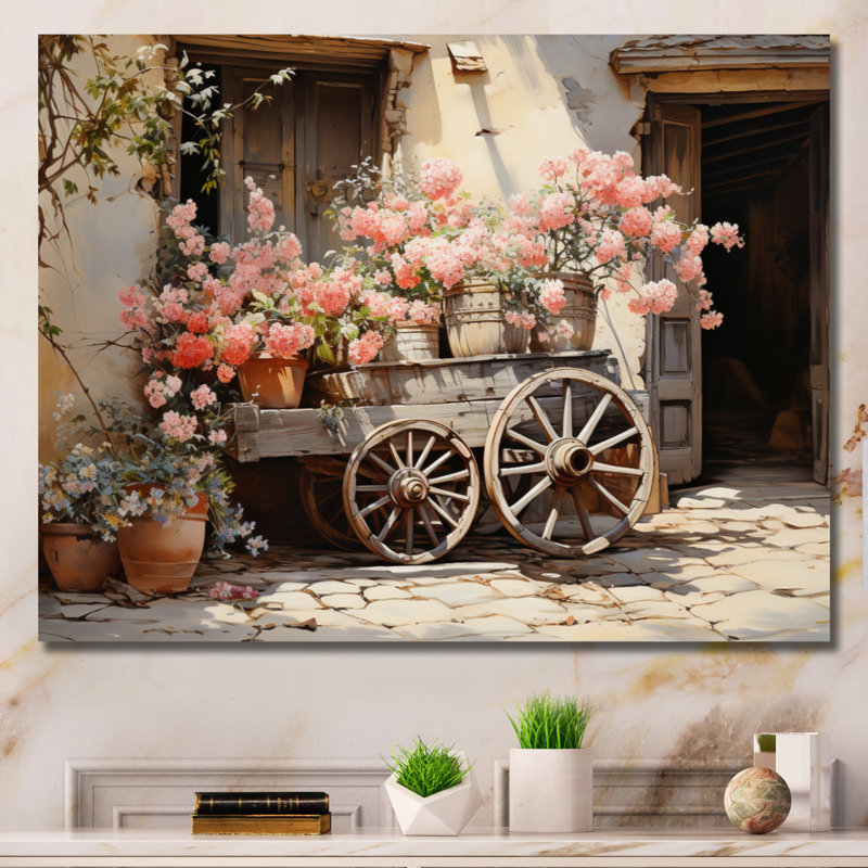 Vieille roue de chariot rose sur toile, Toile tendue, H 16 po x l 32 po x P 1 po