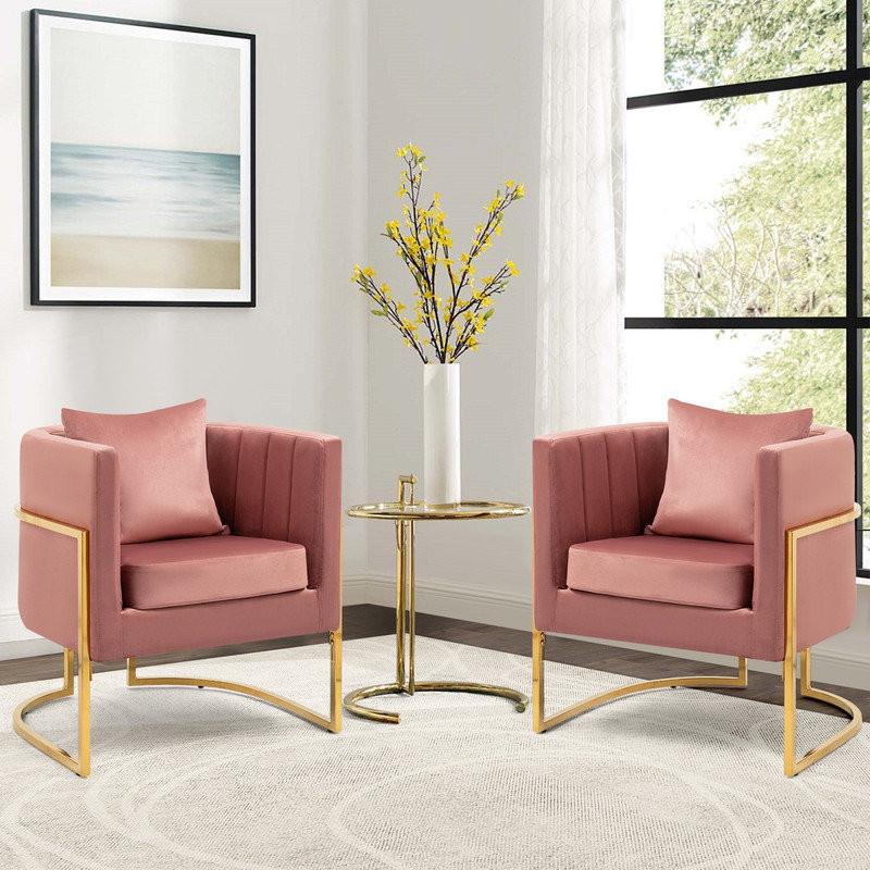 Fauteuil d'appoint demi-tonneau en velours avec coussin, Pink