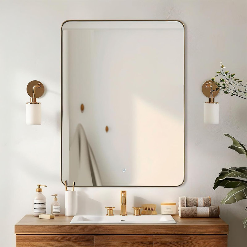 Miroir de salle de bain Inse Cadre en acier inoxydable, Or brossé, 32 po x 24 po