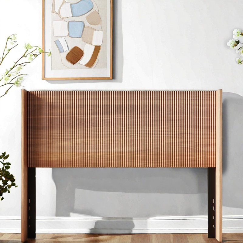 Double Wing Headboard Queen with Wavy Convex Groove, Wooden Queen Beadboard Only, 4 Height Adjustable