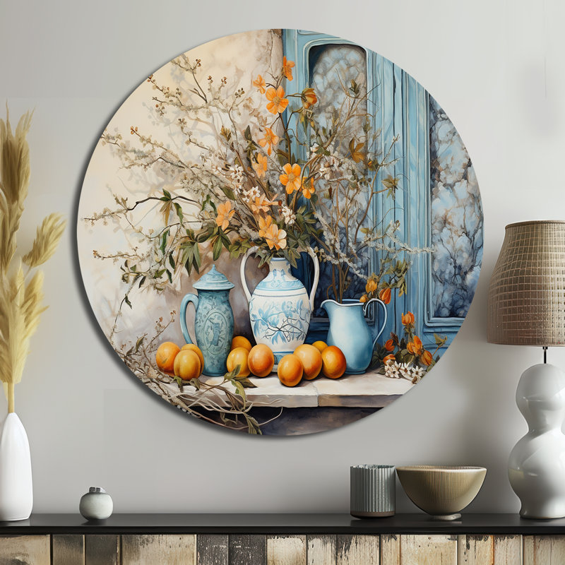 Vase à fleurs oranges campagnard - Art floral rond en métal, H 36 po x l 36 po