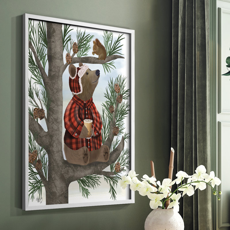 Lumberjack Bear Pine Tree Coffee Break Framed Print - Solid Wood, White, 10" H x 8" W
