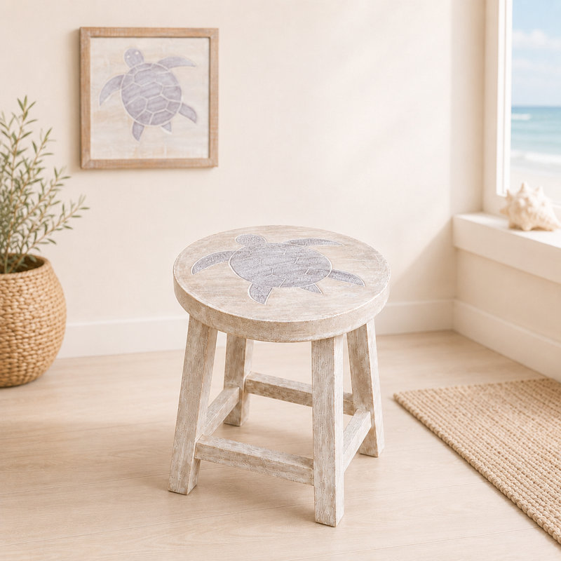 Solid Wood Accent Stool, Sea Turtle