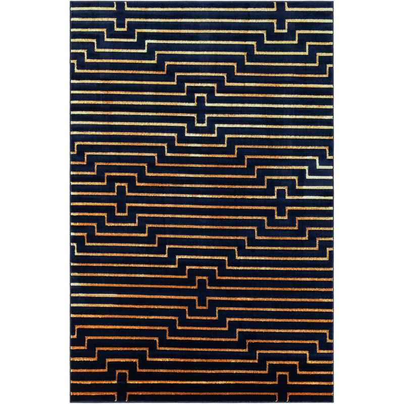 Tapis contemporain bleu marine et doré Omotayo, Rectangle 6 pi 1 po x 9 pi