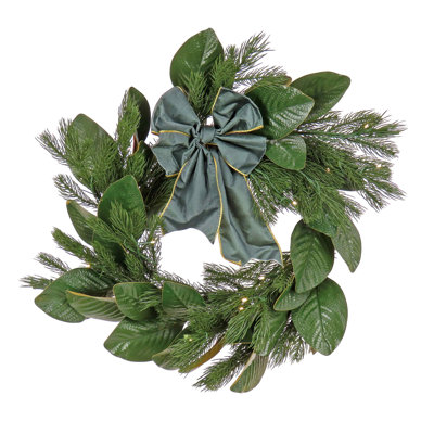 National Tree Company, 24"" Magnolia Mix Pine Wreath with Fabric Bow, 50 Warm White LED Lights -  DC13-318L-24W-B