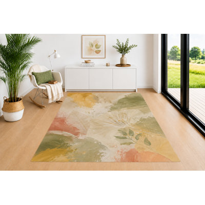 "Ultra Lightweight" 5'x7' Botanical Leaf Area Rug, Sage Green Mustard Peach and Cream Nature Inspired Artwork, Soft Low Pile Carpet for Living Room Bedroom Office Decor