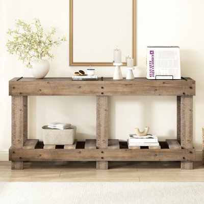 Vintage 62.9-Inch Hallway Decor Console Table - Fir Solid Wood, 6 Legs, 4.5-Inch Thick Top, Metal Rivets, Storage Option For Entrance