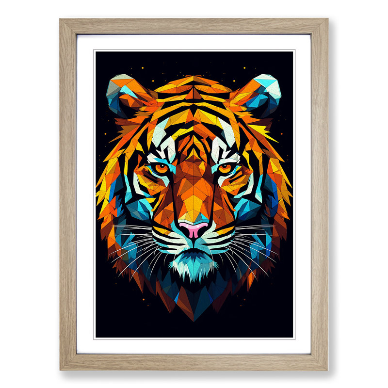 XYZ-FRM-V1223-1630 Tiger Geometric - Single Picture Frame Print on Wood, Oak, 64cm H x 46cm W x 2cm D