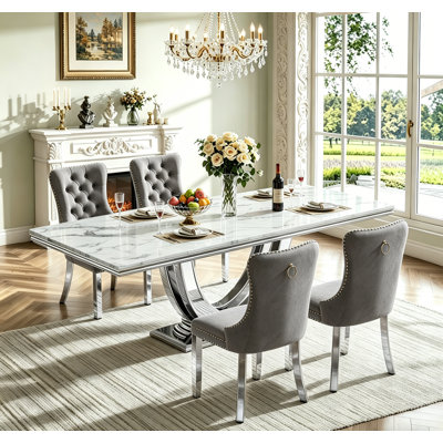 Luxury Marble Dining Table Set for , 68" Dining Room Table with Dining Chairs, White Dining Table with Faux Marble Top & Stainless Steel Pedestal, Large Dining Table and Chairs Set for Home Furniture