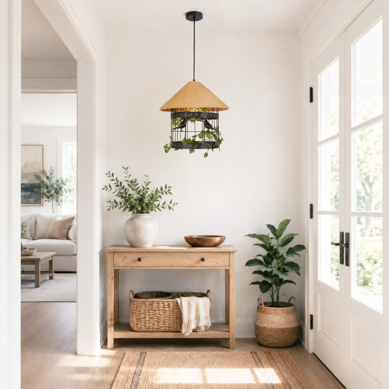 Luminaire suspendu cage à oiseau rustique 1 lumière avec toit en jute et vigne verte