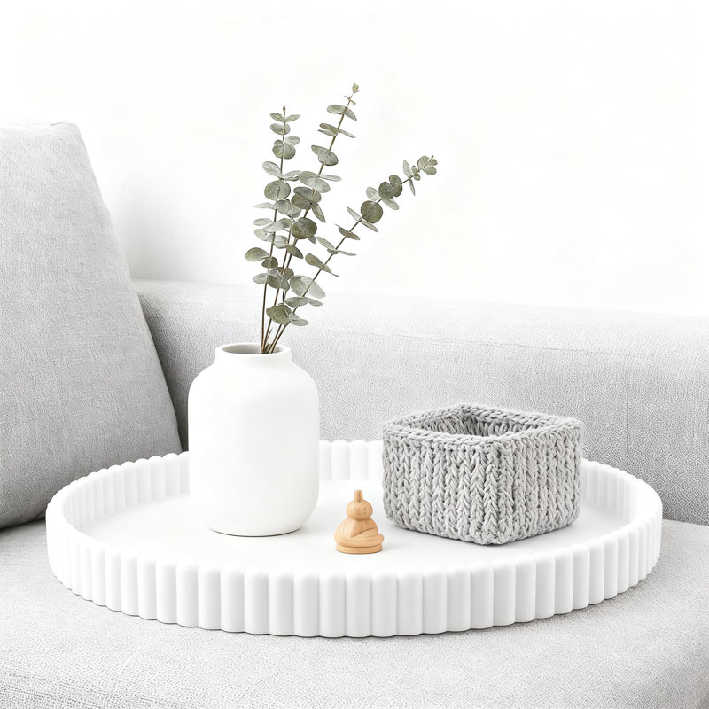 Scalloped Concrete Tray For Home Decor, Modern Oval Centerpiece Tray For Coffee Table, Living Room, And Kitchen, White