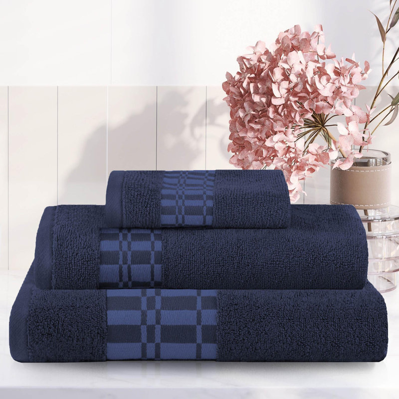 Davis Larissa Cotton Medium Weight Geometric Border 3 PC Assorted Towel Set, Navy Blue