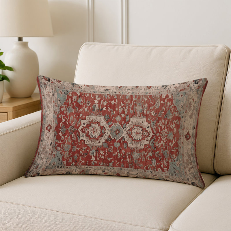 Coussin décoratif intérieur et extérieur Modern, Rouge brique / beige / ivoire damassé, Rectangle H 25 po x l 18 po