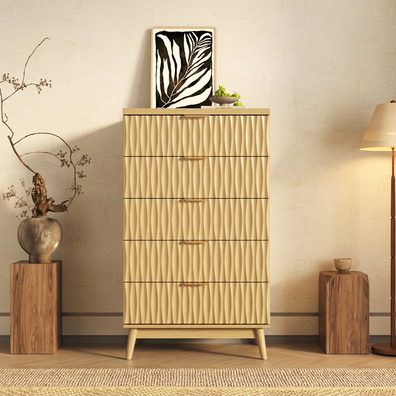 Commode 5 tiroirs l 27,5 "pour chambre à coucher, commode haute en bois cannelée H 47,2", Beige